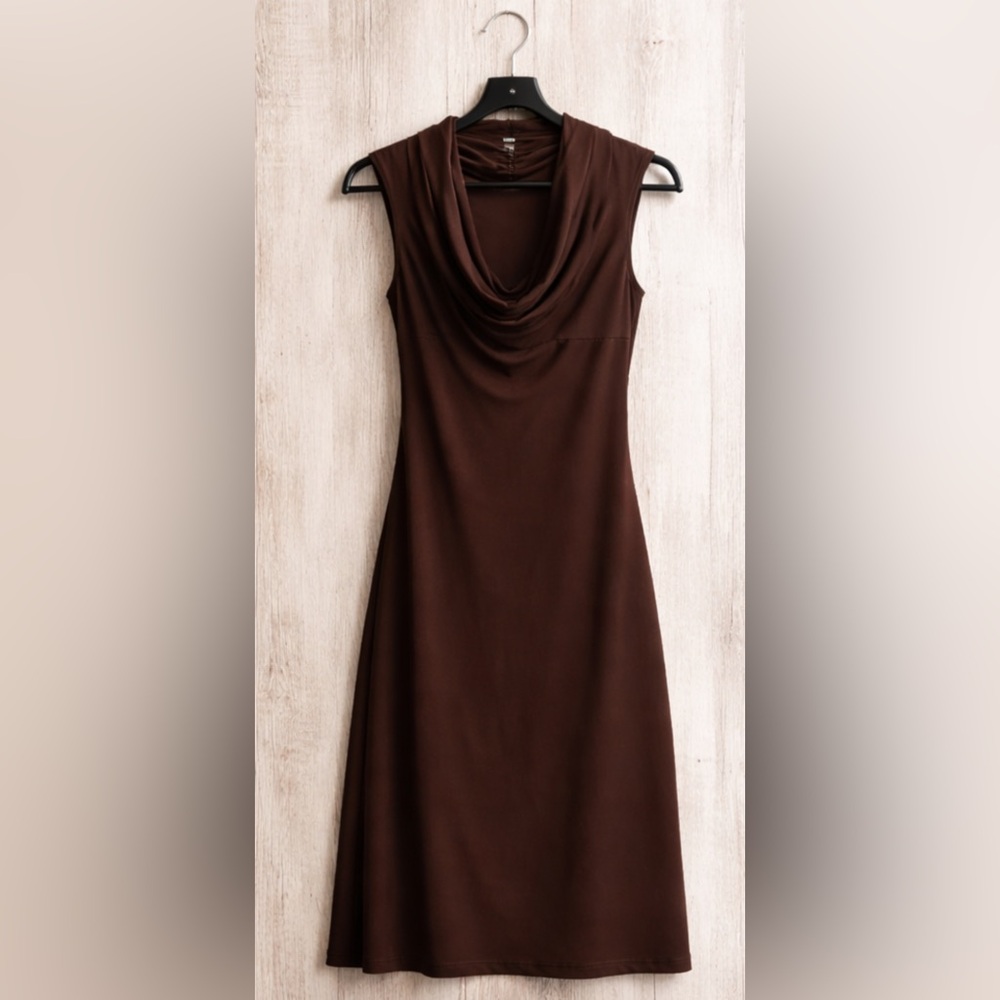 Arden B Chocolate Brown Cowl Neck Midi Dress Ruched Back Minimalist